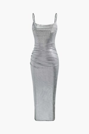Metallic Ruched Slit Maxi Dress – Micas