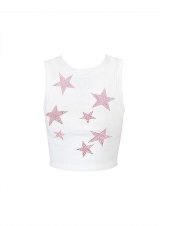 tank top white pink rhinestones stars