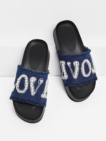 Letter Pattern Denim Sandals With Jewelry