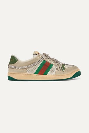 Gucci | Screener embellished canvas-trimmed distressed leather sneakers | NET-A-PORTER.COM
