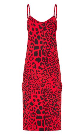 Red Leopard Print Jersey Split Midi Dress | PrettyLittleThing USA