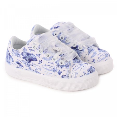 Monnalisa Landscape Print Lace-Up Platform Sneakers in White and Blue - BAMBINIFASHION.COM