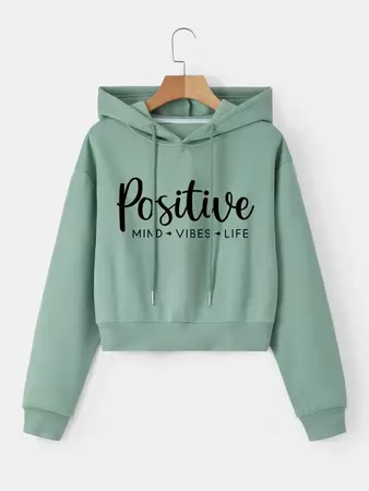 Letter Graphic Drop Shoulder Crop Drawstring Thermal Lined Hoodie | SHEIN