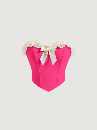SHEIN MOD Contrast Lace Bow Front Bandana Hem Tube Top | SHEIN USA