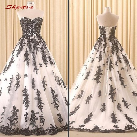 Google Image Result for https://ae01.alicdn.com/kf/HTB1BfNiaIfrK1Rjy0Fmq6xhEXXap/Lace-Black-and-White-Wedding-Dresses-Sweetheart-Tulle-Plus-Size-Bride-Bridal-Weding-Weeding-Dresses-Wedding.jpg