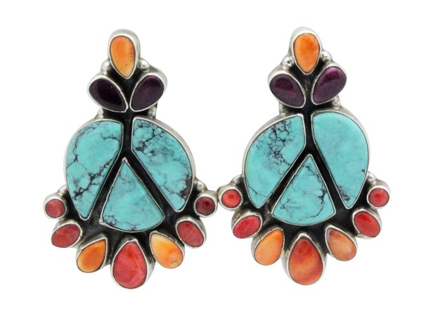 Vernon & Clarissa Hale Navajo Handmade Turquoise And Orange, Red, And Purple Spiny Oyster Shell Earrings