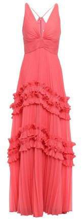 Ruffle-trimmed Pleated Voile Gown