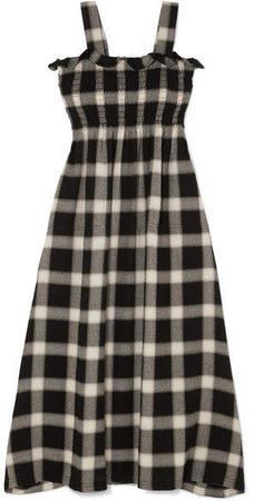 Convertible Smocked Checked Flannel Dress - Black