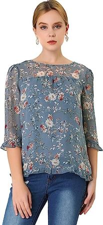 Allegra K Women's Casual Ruffle 3/4 Sleeve Floral Print Chiffon Blouse at Amazon Women’s Clothing store
