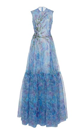 Floral-Patterned Tiered Organza Dress
