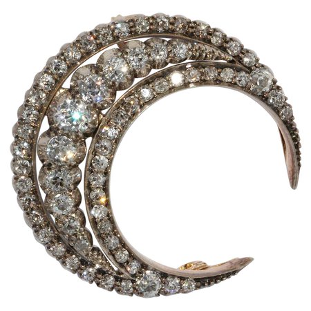 Antique Victorian, Orient Style, Gold Half Moon, Crescent Diamond Brooch For Sale at 1stDibs