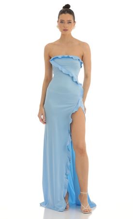 Annabel Strapless Satin Maxi Dress in Blue | LUCY IN THE SKY