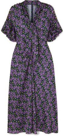 Pussy-bow Printed Crepe De Chine Midi Dress - Purple
