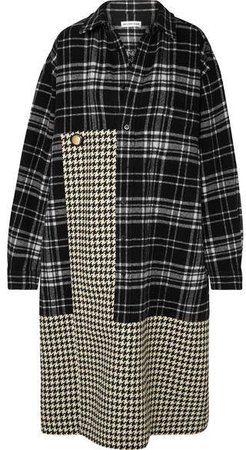Oversized Paneled Houndstooth And Checked Wool Midi Dress - Black