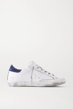 White Superstar distressed leather and suede sneakers | Golden Goose | NET-A-PORTER