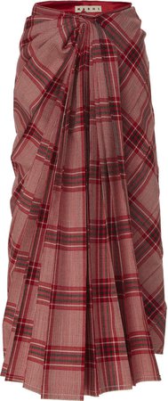 Pleated Front Plaid Wool Midi Skirt