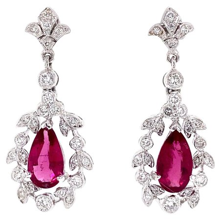 Rubelite Red Tourmaline and Diamond Drop Gold Earrings Estate Fine Jewelry For Sale at 1stDibs