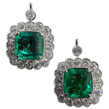 20th Century Colombian Emerald Old Cut Diamond Cluster Earrings Platinum Signed For Sale at 1stDibs