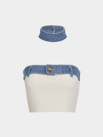 white and blue jean crop top