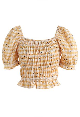 Daisy Square Neck Shirred Crop Top in Orange - Retro, Indie and Unique Fashion