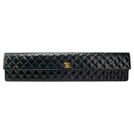 Chanel 80s Black Lambskin Extra Long Elongated Classic Flap Clutch For Sale at 1stDibs