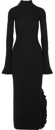 Ashley Ruffled Ribbed Wool Midi Dress - Black