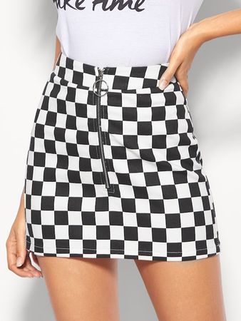 O-Ring Zipper Checkered Skirt | SHEIN