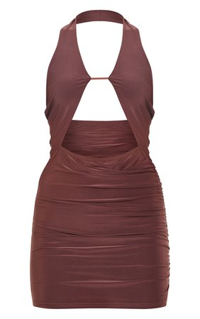 Chocolate Slinky Halterneck Bust Detail Bodycon Dress | PrettyLittleThing USA