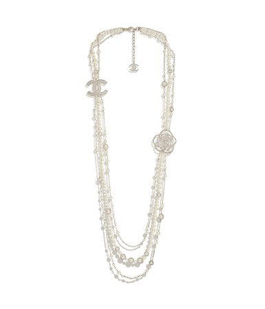 Long Necklace, metal, glass pearls & diamantés, gold, pearly white & crystal - CHANEL