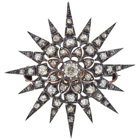 Antique Gold Silver Diamond Starburst Brooch Pendant For Sale at 1stDibs