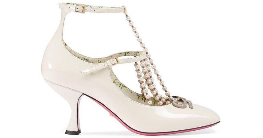 Gucci Women's White T-strap Leather Pump With Pearls