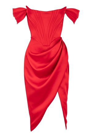 Clothing : Bodycon Dresses : 'Loretta' Red Satin Off Shoulder Dress