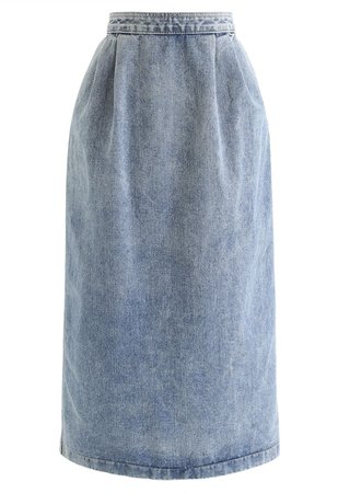 Zip Back Slit Hem Light Wash Denim Pencil Skirt - Retro, Indie and Unique Fashion