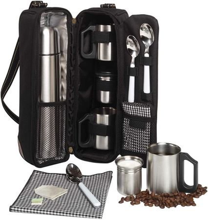 (D) Coffee and Tea Black Tote with Vacuum Flask for Picnic and Outdoor camping