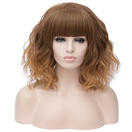 Alacos Fashion 35cm Short Curly Bob Anime Cosplay Wig Daily Party Christmas Halloween Synthetic Heat Resistant Wig for Women +Free Wig Cap (Brown Ombre Brow-Skimming Bangs)