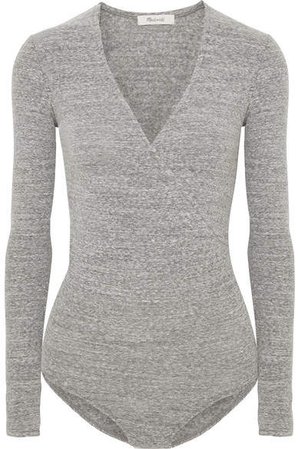 Wrap-effect Mélange Stretch Cotton-blend Bodysuit - Gray