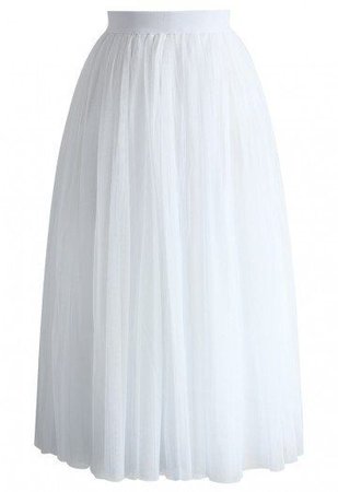 Ethereal Tulle Mesh Midi Skirt in White - Skirt