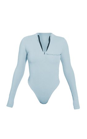 Plt Blue Crinkle Rib Half Zip Bodysuit | PrettyLittleThing USA