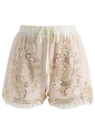 Shinning Pearls Trimming Chiffon Shorts in Cream - Retro, Indie and Unique Fashion