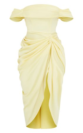 Lemon Satin Draped Bardot Midi Dress | PrettyLittleThing USA