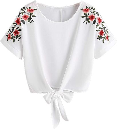 SweatyRocks Women's Floral Embroidered Short Sleeve Crop Top T-Shirt Tie Front Blouse Top White S at Amazon Women’s Clothing store
