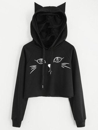 [77% OFF] Drawstring Monochrome Cat Pattern Pullover Hoodie | Rosegal