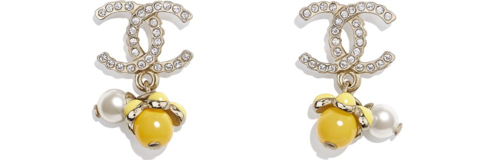 Earrings, metal, glass pearls, strass & resin, gold, pearly white, crystal & yellow - CHANEL