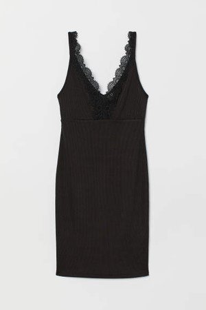 Fitted Dress with Lace - Black