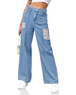 PLNOTME Women's Ripped Boyfriend Jeans High Waisted Baggy Distressed Loose Denim Pants Blue at Amazon Women's Jeans store