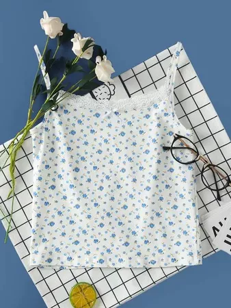 Ditsy Floral Print Lace Trim Cami Top | SHEIN USA white