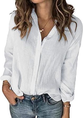 Karlywindow Womens Long Sleeve Button Down Cotton Linen Shirt Blouse Loose Fit Casual V-Neck Tops at Amazon Women’s Clothing store