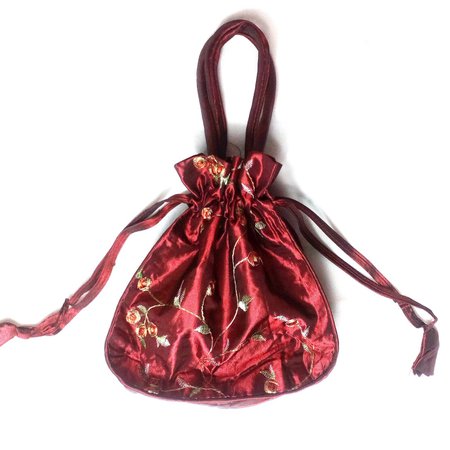 Chinese silk floral embroidered handbag. Drawstring top with grab handles
