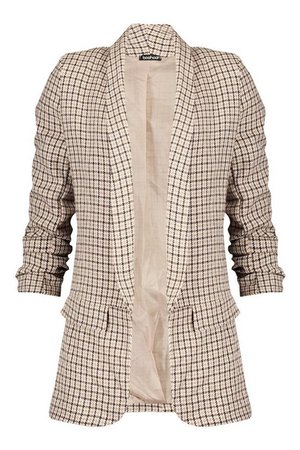 Dogtooth Check Ruched Sleeve Blazer | boohoo brown