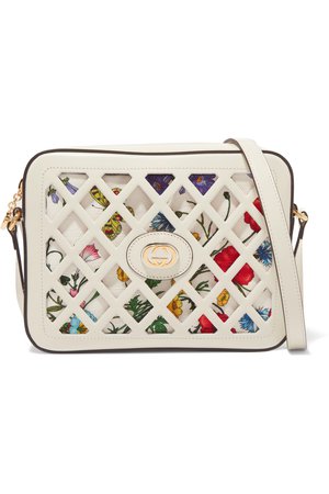 Gucci | Cutout leather and floral-print canvas shoulder bag | NET-A-PORTER.COM